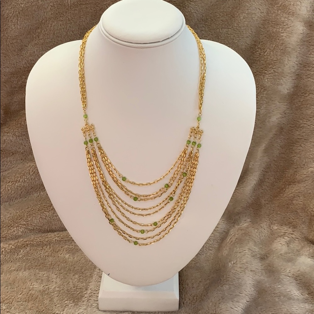Multi Chain Gold & Green Bead Necklace